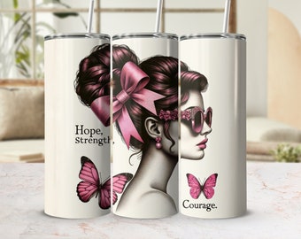 Messy Bun Mom Pink Awareness Breast Cancer Survivor Tumbler Wrap 20 oz Skinny Tumbler Sublimation Design Digital Download PNG Instant
