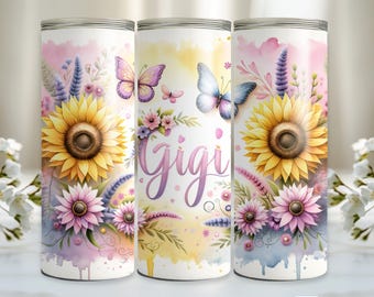 Grandma 20 oz Skinny Tumbler sublimation design, Gigi Flowers butterfly Watercolor floral digital PNG Straight tumbler wrap download