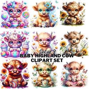Watercolor Spring Highland Cow Clipart Set , Easter Spring Highland Cow Clipart Bundle, Baby Cow Clipart Bundle, Easter Sublimation Design