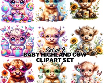 Watercolor Spring Highland Cow Clipart Set , Easter Spring Highland Cow Clipart Bundle, Baby Cow Clipart Bundle, Easter Sublimation Design