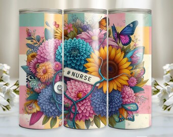 Floral Nurse Tumbler Wrap 20oz Sublimation Tumbler Design, 20oz Skinny Tumbler Sublimation Design, Digital Download, Seamless Tumbler Wrap