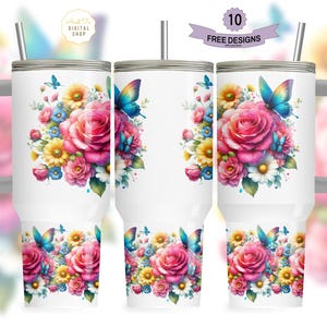 Boho Flowers 40 oz Tumbler Wrap, Butterfly 40 oz Tumbler PNG, Floral 40oz Sublimation Tumbler Design, 40oz Tumbler Template, Vintage Floral