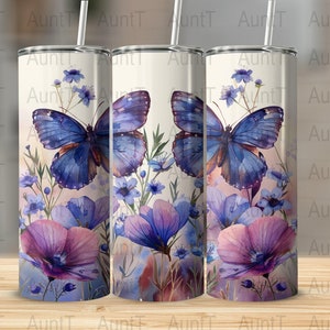 Diseño de vaso de sublimación de 20 oz con diseño de mariposa azul, diseño de vaso delgado de 20 oz con diseño de sublimación, descarga digital SOLAMENTE, envoltura de vaso sin costuras