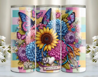 Floral Nurse Tumbler Wrap 20oz Sublimation Tumbler Design, 20oz Skinny Tumbler Sublimation Design, Digital Download, Seamless Tumbler Wrap