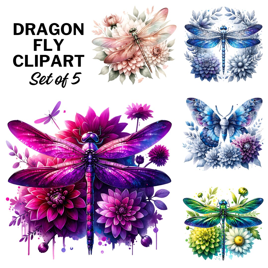 Watercolor Dragonfly Floral Clipart Sublimations Bundle, Insect PNG ...