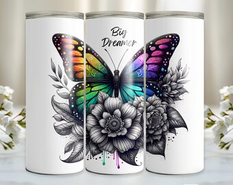 Vlinderbeker met positieve bevestiging, inspirerende 20 oz magere beker, png, sublimatieontwerp met positieve uitspraken, rechte bekervlinder
