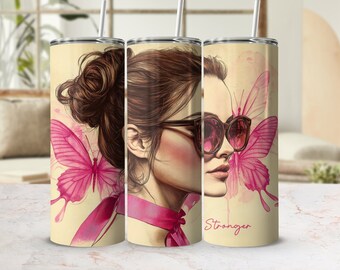 Messy Bun Mom Pink Awareness Breast Cancer Survivor Tumbler Wrap 20 oz Skinny Tumbler Sublimation Design Digital Download PNG Instant