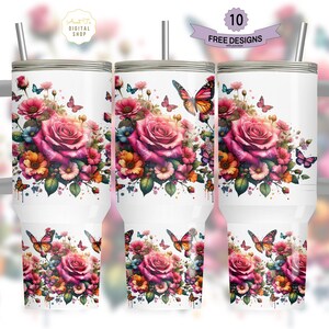 Boho Flowers 40 oz Tumbler Wrap, Butterfly 40 oz Tumbler PNG, Floral 40oz Sublimation Tumbler Design, 40oz Tumbler Template, Vintage Floral