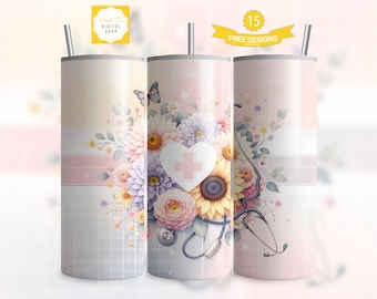 Floral Nurse Tumbler Wrap 20oz Sublimation Tumbler Design, 20oz Skinny Tumbler Sublimation Design, Digital Download, Seamless Tumbler Wrap