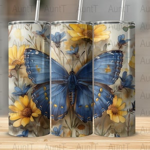 Watercolor Wildflowers & Blue Butterfly 20 oz Tumbler Wrap Design, Skinny Tumbler Sublimation Design, Digital Download ONLY