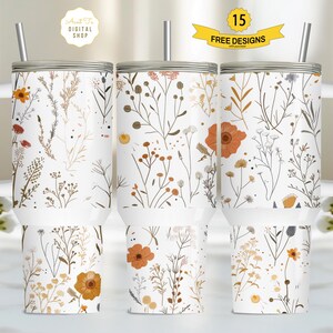 Boho Flowers 40 oz Tumbler Wrap, Butterfly 40 oz Tumbler PNG, Floral 40oz Sublimation Tumbler Design, 40oz Tumbler Template, Vintage Floral