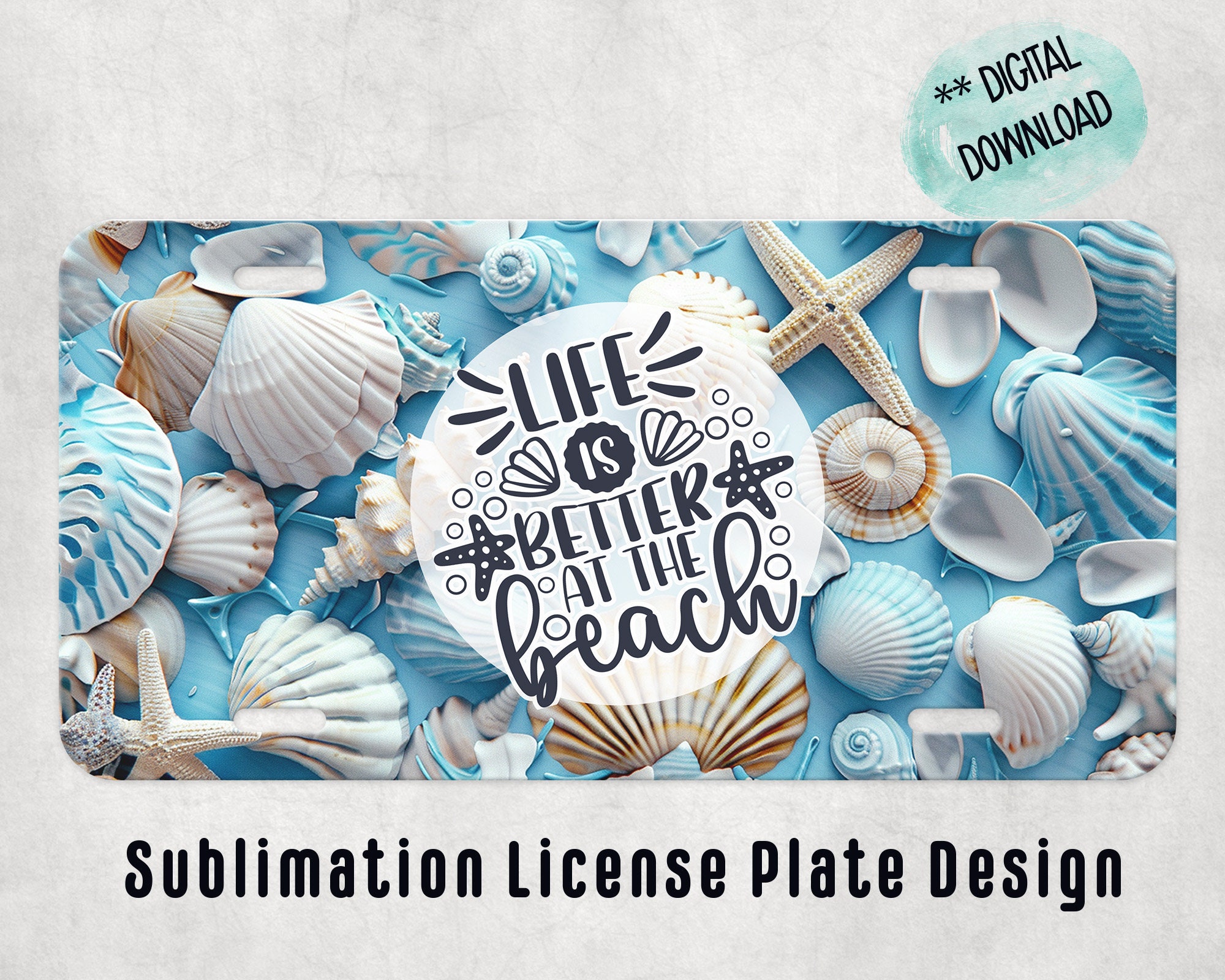 Coastal Beach Life Ocean Shells Sublimation Design for License Plate PNG, Digital Download ONLY, 12 by 6 License Plate Design