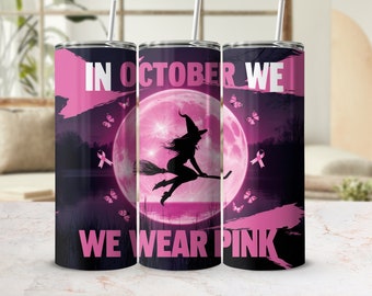 In October We Wear Pink Witch Flying Halloween PNG, Pink Ribbon Awareness Design, Breast Cancer Support, Witchy October
