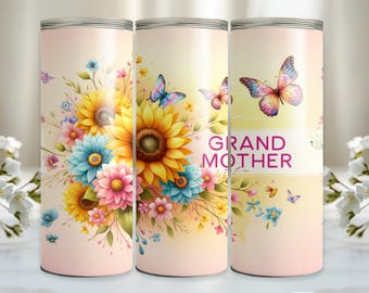 Grandma 20 oz Skinny Tumbler sublimation design, Grandmother Flowers butterfly Watercolor floral digital PNG Straight tumbler wrap download
