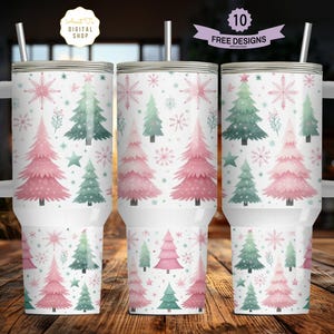 Pastel Pink Green Christmas Trees 40oz Tumbler Wrap Design, 40 ounce quencher handle cup sublimation png, 40 oz Christmas Tumbler Design