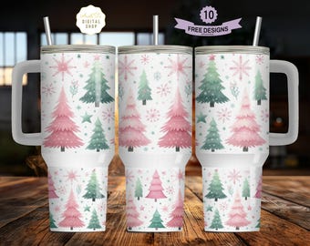 Pastel Pink Green Christmas Trees 40oz Tumbler Wrap Design, 40 ounce quencher handle cup sublimation png, 40 oz Christmas Tumbler Design