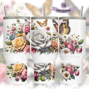 Flower Butterfly Tumbler Wrap 40 oz,  Floral 40oz Sublimation Tumbler PNG Design, 40oz Tumbler Template, Vintage Floral