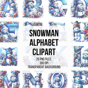Alfabeto PNG de muñeco de nieve decorado, Clipart de alfabeto de muñeco de nieve - Letras navideñas PNG - Decoración de invierno - Descarga digital para manualidades