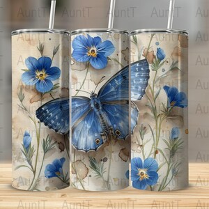 Watercolor Wildflowers & Blue Butterfly 20 oz Tumbler Wrap Design, Skinny Tumbler Sublimation Design, Digital Download ONLY