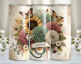 Floral Nurse Tumbler Wrap 20oz Sublimation Tumbler Design, 20oz Skinny Tumbler Sublimation Design, Digital Download, Seamless Tumbler Wrap