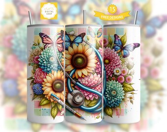 Floral Nurse Tumbler Wrap 20oz Sublimation Tumbler Design, 20oz Skinny Tumbler Sublimation Design, Digital Download, Seamless Tumbler Wrap