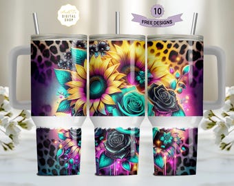 Neon Floral Girassol 40oz Tumbler Wrap, Design PNG Sem Costura