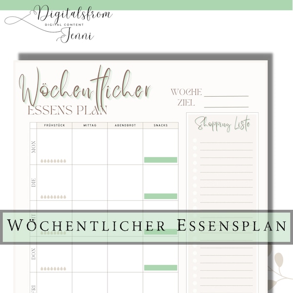 Menüplaner Druck, Wöchentlicher Meal Prep, Essensplan Mahlzeiten Tracker, BONUS EInkaufsliste, Diet, Fitness, Gesundheit, Grün