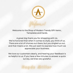 K&ouml;nnte beinhalten: Ein wei&szlig;er Hintergrund mit einem goldenen Logo, das "Amazing Designs" sagt, und dem Text "Welcome!" in goldener Kursivschrift. Der Text darunter lautet "Welcome to the Shop of Modern Trendy Gift Items, Templates and Cards." Der Text setzt sich mit einer Dankesbotschaft an die Kunden f&uuml;r ihr Gesch&auml;ft und einer Bitte um Feedback fort. Der Text endet mit dem Namen "Hayde Miller" in goldener Kursivschrift.