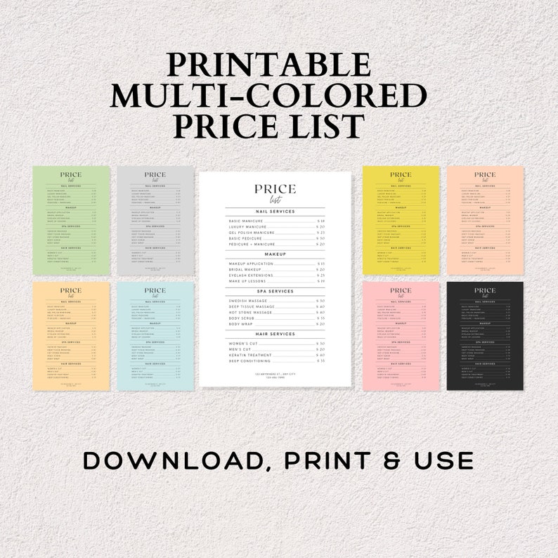 May include: A printable price list for a beauty salon or spa. The list is divided into sections for nail services, makeup, spa services, and hair services. The price list is available in multiple colours.