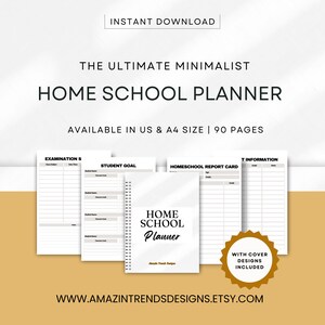 K&ouml;nnte beinhalten: Ein digitaler Planer f&uuml;r das Homeschooling mit einem schwarz-wei&szlig;en Design. Der Planer enth&auml;lt Abschnitte f&uuml;r Pr&uuml;fungen, Sch&uuml;lerziele, Homeschool-Berichtskarten und Lehrerinformationen. Der Planer ist in den Gr&ouml;&szlig;en US und A4 erh&auml;ltlich und umfasst 90 Seiten. Der Text "Home School Planner" ist auf dem Cover abgebildet.