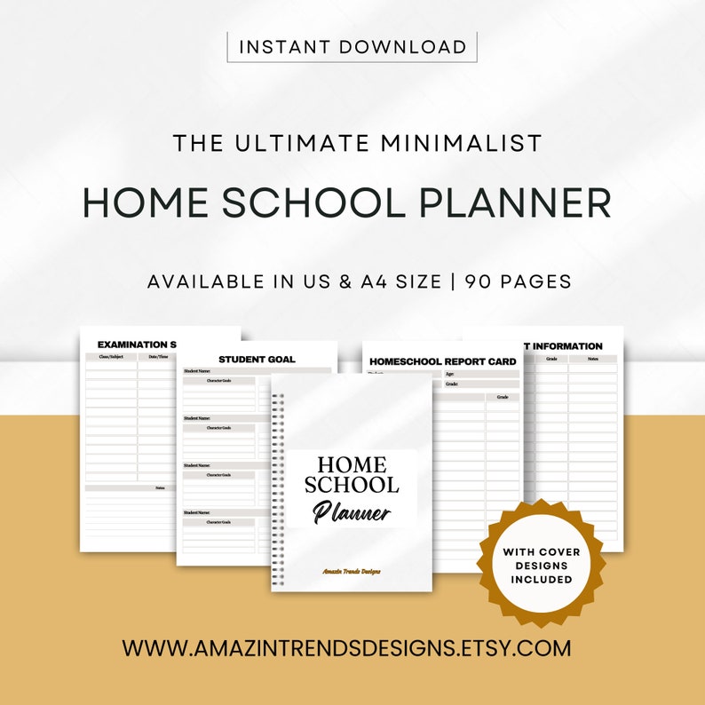 K&ouml;nnte beinhalten: Ein digitaler Planer f&uuml;r das Homeschooling mit einem schwarz-wei&szlig;en Design. Der Planer enth&auml;lt Abschnitte f&uuml;r Pr&uuml;fungen, Sch&uuml;lerziele, Homeschool-Berichtskarten und Lehrerinformationen. Der Planer ist in den Gr&ouml;&szlig;en US und A4 erh&auml;ltlich und umfasst 90 Seiten. Der Text "Home School Planner" ist auf dem Cover abgebildet.
