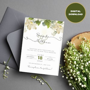 May include: A white wedding invitation with green floral accents. The invitation reads "Brigite & Matthew" and includes the date "June 18, 2023" and the time "At 4 PM". The invitation also includes the address "123 Anywhere St., Any City" and the text "Reception to follow!"