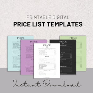 May include: Four printable price list templates for a beauty salon or spa. The templates are in different colours: light blue, purple, black, and green. Each template has a list of services with prices. The text "PRICE LIST TEMPLATES" is at the top of the image. The text "Instant Download" is at the bottom of the image.