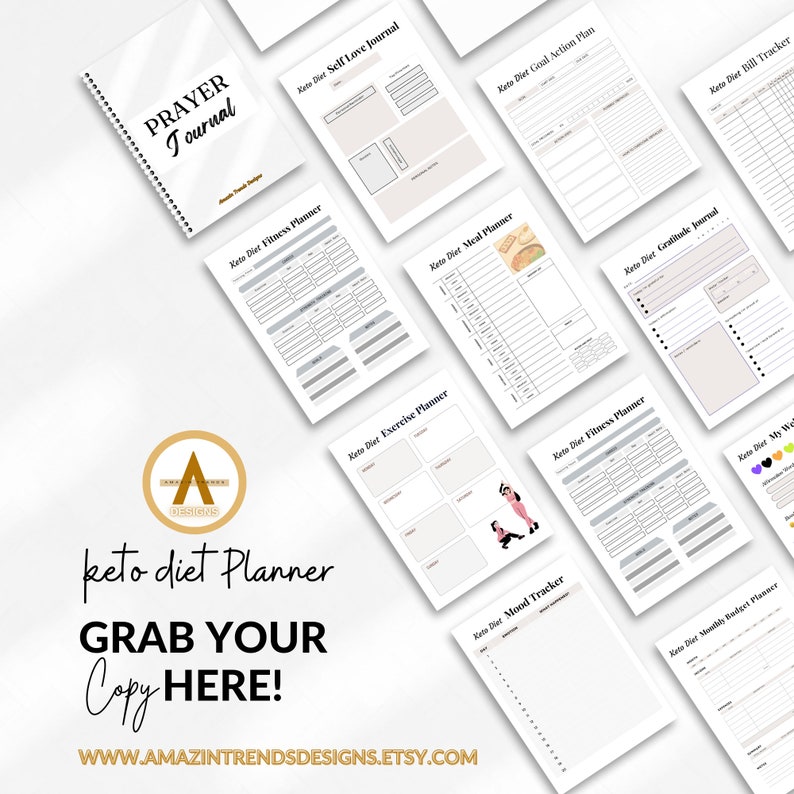 Op de afbeelding: Een digitale planner voor het keto-dieet met een verscheidenheid aan afdrukbare pagina's, waaronder een gebedsjournaal, een fitnessplanner, een maaltijdplanner, een trainingsplanner, een stemmingstracker, een actieplan voor doelen, een dankbaarheidsjournaal, een maandelijkse budgetplanner en een factuurtracker. De planner is ontworpen om mensen te helpen het keto-dieet te volgen en hun gezondheids- en welzijnsdoelen te bereiken.