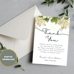 May include: A white thank you card with a floral design and envelope. The card features the words "Thank You" in script, with a message below. The words "DIGITAL DOWNLOAD" are in a circle in the lower left corner.
