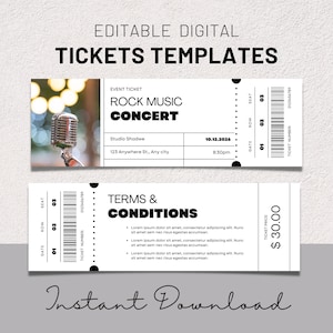 May include: A black and white digital ticket template for a rock music concert. The ticket features a microphone, the text "Rock Music Concert", and the date and time of the event. The ticket also includes the text "Terms & Conditions" and a price of £30.00.