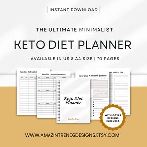 Op de afbeelding: Een printbare keto-dieetplanner met 70 pagina's, inclusief een boodschappenlijst, een dankbaarheidsdagboek en een bucketlist. De planner is beschikbaar in de formaten US en A4. Het ontwerp van de omslag is inbegrepen.