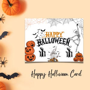 Feliz tarjeta de esqueleto espeluznante de Halloween. Tarjeta imprimible, Feliz Halloween, Esqueleto de Halloween, Tarjeta de Halloween, Tarjeta de felicitación blanca, 31 de octubre