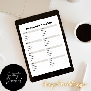 K&ouml;nnte beinhalten: Ein digitaler druckbarer Passwort-Tracker mit einem Schwarzwei&szlig;-Design. Der Tracker tr&auml;gt den Titel "Password Tracker" und enth&auml;lt Felder f&uuml;r Website, E-Mail, Benutzername, Passwort und Notizen.