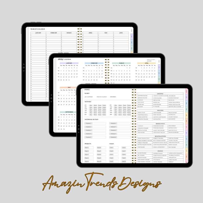 May include: A digital planner with a year at a glance calendar, monthly calendars, and pages for planning, goal setting, and tracking. The planner has a black cover and gold spiral binding.