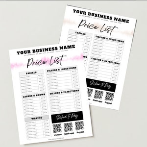 Puede incluir: Una lista de precios en blanco y negro para un salón de belleza. La lista de precios incluye servicios como tratamientos faciales, rellenos e inyecciones, pestañas y cejas, depilación con cera y una sección para "Schen to Pay" con códigos QR para Venmo, Cash App y Paypal.