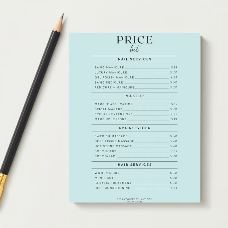 May include: A light blue price list for a beauty salon with the word "PRICE" in black at the top. The list includes services such as nail care, makeup, spa treatments, and hair services with prices listed in pounds sterling.