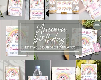 Invitación de fiesta de cumpleaños de unicornio con ilustración pastel, editable para primer cumpleaños, invitación a fiesta y decoraciones para fiestas.