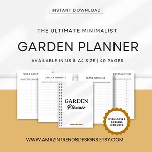 Puede incluir: Un planificador de jard&iacute;n imprimible con cuatro p&aacute;ginas mostradas. Las p&aacute;ginas est&aacute;n tituladas "Plagas y enfermedades", "Lista de deseos de jard&iacute;n", "Lista de deseos de plantas" e "Inventario de semillas". El planificador tiene un dise&ntilde;o en blanco y negro e incluye una p&aacute;gina de portada con el texto "Planificador de jard&iacute;n" en una fuente en blanco y negro. El texto "El planificador de jard&iacute;n minimalista definitivo" est&aacute; en la parte superior de la imagen. El texto "Disponible en tama&ntilde;o US y A4 | 40 p&aacute;ginas" est&aacute; debajo del t&iacute;tulo. El texto "www.amazintrenddesigns.etsy.com" est&aacute; en la parte inferior de la imagen.