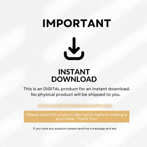 K&ouml;nnte beinhalten: Ein Schwarzwei&szlig;bild mit dem Text "IMPORTANT" in gro&szlig;en Buchstaben oben. Unter dem Text befindet sich ein nach unten zeigender Pfeil in einem Kreis. Der Text "INSTANT DOWNLOAD" befindet sich unter dem Pfeil. Der Text "Dies ist ein DIGITALES Produkt f&uuml;r einen sofortigen Download. Es wird kein physisches Produkt an Sie versandt." befindet sich unter dem Text "INSTANT DOWNLOAD". Der Text "WWW.AMAZINTRENDSDESIGNS.ETSY.COM" befindet sich unter dem Text &uuml;ber das digitale Produkt. Der Text "Bitte lesen Sie die vollst&auml;ndige Produktbeschreibung, bevor Sie einen Kauf t&auml;tigen. Vielen Dank." befindet sich unter der Website-Adresse. Der Text "Wenn Sie Fragen haben, senden Sie mir bitte eine Nachricht und fragen Sie." befindet sich am unteren Rand des Bildes.