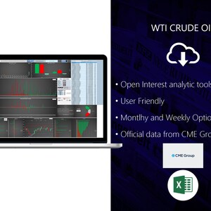 May include: A laptop displaying a financial analysis interface with multiple charts and graphs. The screen shows data visualizations in red and green, with the text "WTI CRUDE OIL" and bullet points listing features like "Open Interest analytic tools."