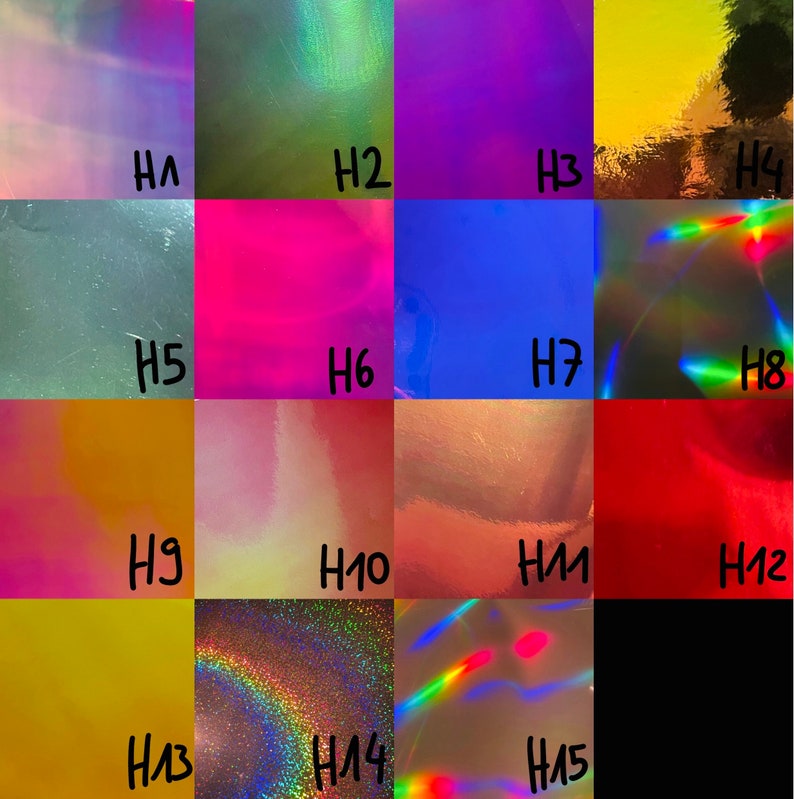 Peut inclure: Une grille de 15 feuilles de vinyle holographique iris&eacute; de diff&eacute;rentes couleurs, notamment bleu, vert, violet, rose, rouge et or. Chaque feuille est &eacute;tiquet&eacute;e d'un num&eacute;ro de H1 &agrave; H15.