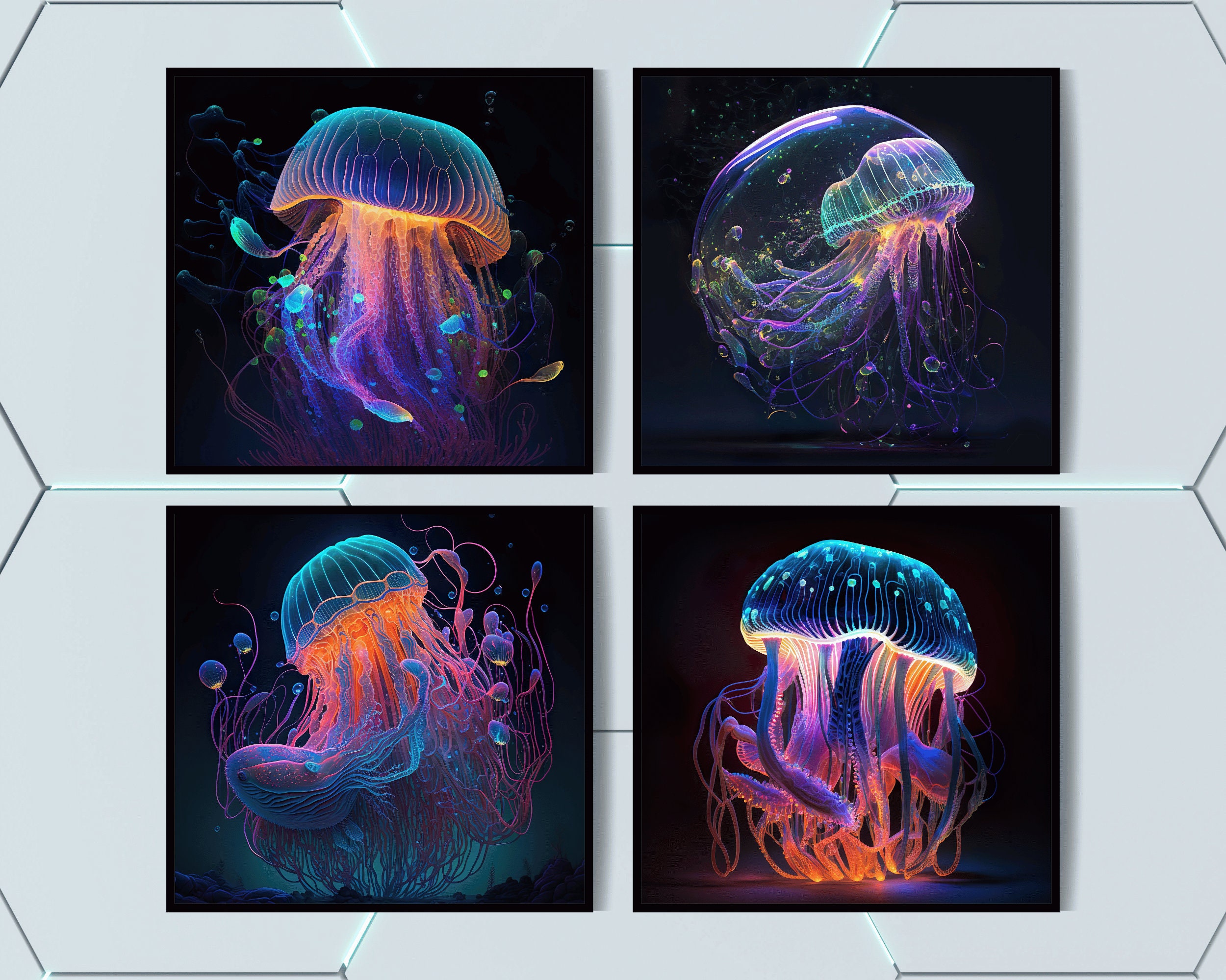 Neon Jellyfish Wall Art Print Set of 4 Glowing Jellyfish Blue Jellyfish ...