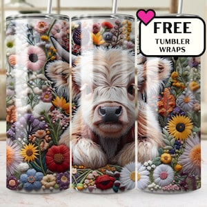 Embroidery Highland Cow Tumbler Wrap, Cute Cow Design for 20 oz Skinny Tumblers, DIY Craft
