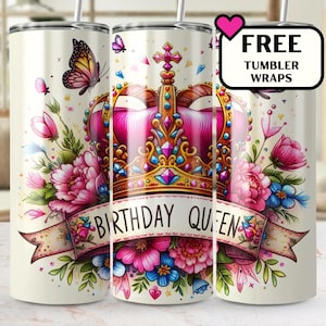 Birthday Queen Tumbler Wrap PNG, Crown Design for 20oz Skinny Tumblers, Digital Download for Birthday Gifts